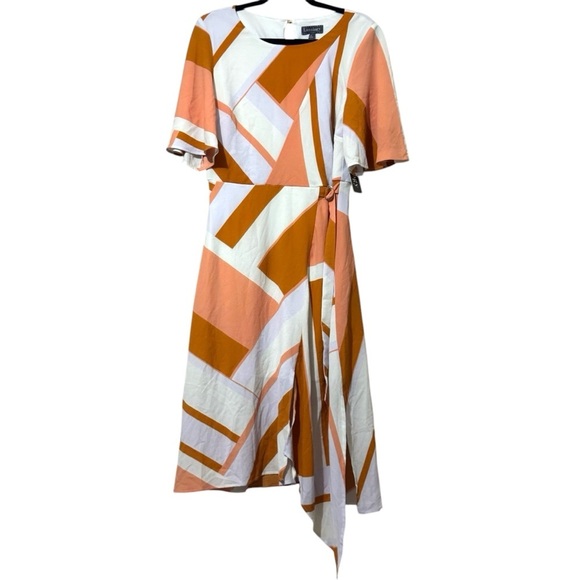 NEW Luxology Asymmetric Geometric Print Midi Dress Orange Large - Picture 1 of 3